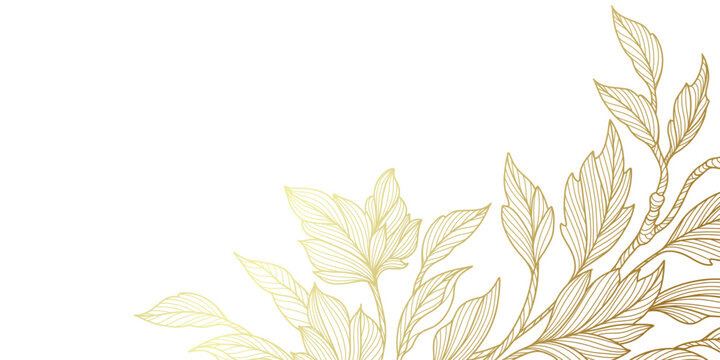 Luxury floral background in line art style with golden hand drawn branches and leaves isolated on white background. Botanical frame, corner. Vector pattern for wedding invitation, card, banner, cover	