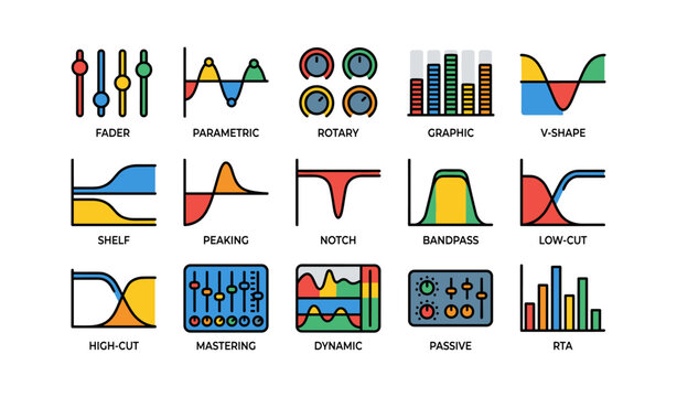 Colorful audio equalizer and filter icons collection