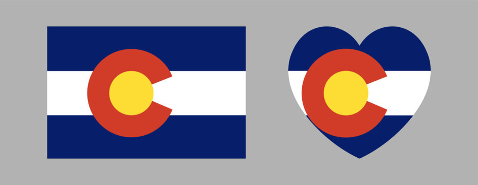Colorado rectangle, heart flag badge, sticker. State of Colorado symbol icon, button. USA state flag in rectangular, heart shape banner, background.