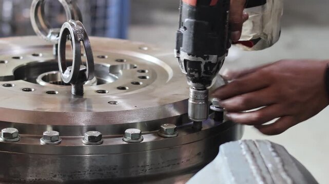 Technician using electric cordless impact wrench to tighten bolts on heavy metal gear in industrial workshop.