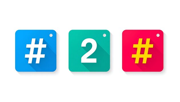 Three colorful square icons two hashtags and number 2, on a white background