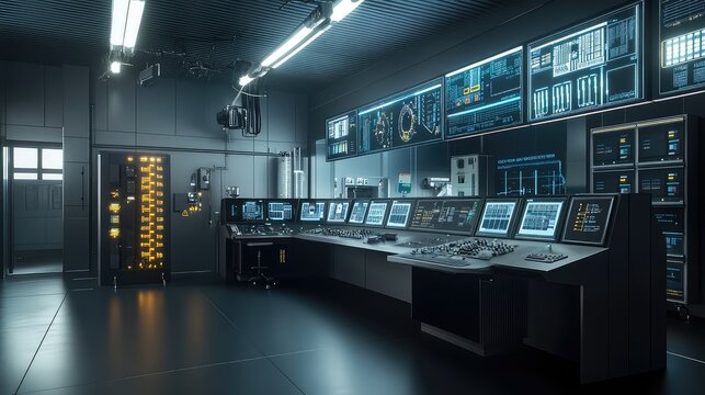 Main control room with multiple monitors displaying data and complex systems, featuring a central desk for operator monitoring and advanced technology