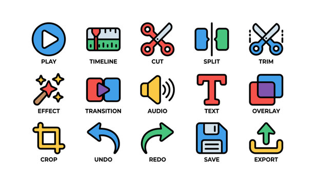 Colorful multimedia editing icons: play, cut, split, audio, save