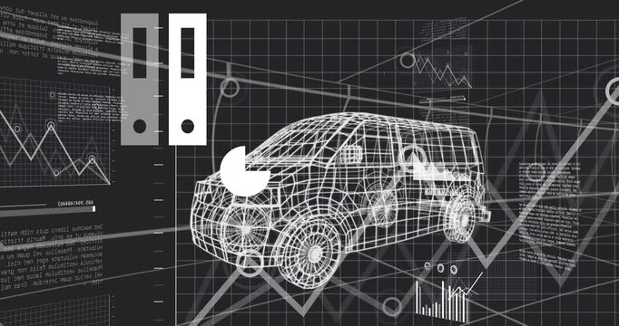 System launching data stream and animating vehicle HUD charts around wireframe van for analytics