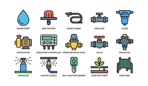 Irrigation components: drip emitter, tubing, pump, sensor, and more