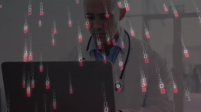 Typing doctor in lab coat with stethoscope at clinic laptop, binary overlay appearing during review