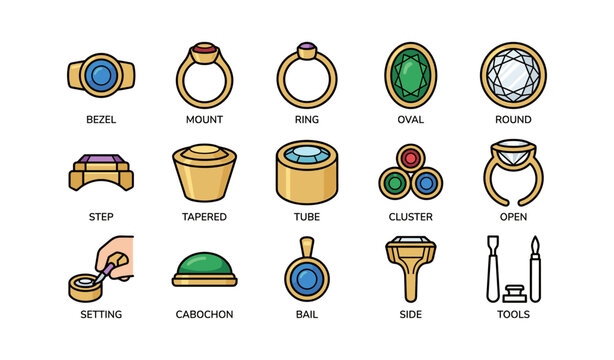 Jewelry settings diagrams: bezel, mount, ring, oval, round, step, tapered, tube, cluster, open, cabochon, bail