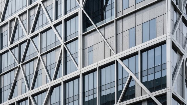 A modern office building with a unique geometric facade design