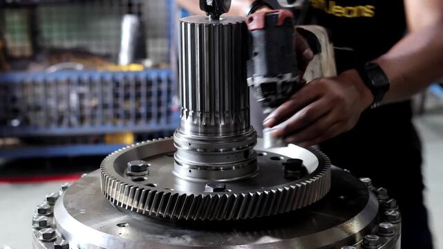 Technician using electric cordless impact wrench to tighten bolts on heavy metal gear in industrial workshop.