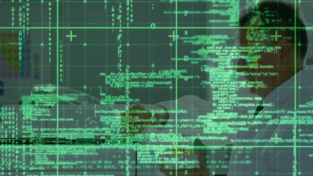 Senior scientist in lab grabbing yellow vial and pipetting for test green grid shifting over hands