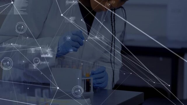 Woman scientist reaching for tube rack and pipetting for analysis with overlay tracking hands