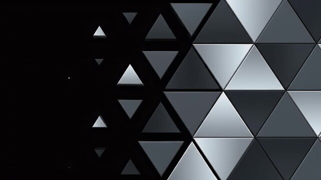 A minimalist black background features a series of subtly varying triangular shapes arranged vertically, creating a sense of depth and abstract design.