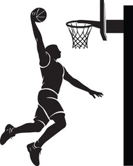 Black Silhouette Basketball Player Dunking Ball Vector Icon – Dynamic Sports Action, High Jump Slam Dunk Pose, Bold Minimal Design, Isolated on Transparent Background © AL