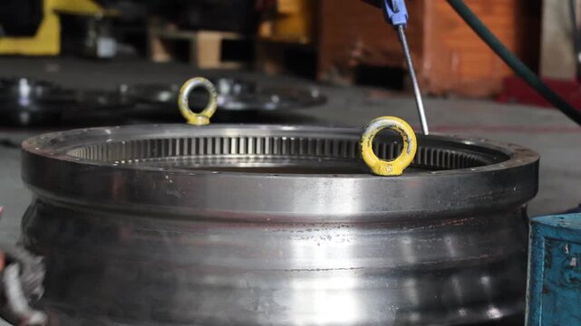 Technician hand cleaning heavy duty automatic transmission parts using air blow gun tool in a professional mechanical workshop garage.