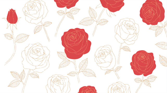Seamless pattern of red roses and sketched rose outlines on a white background with valentines day seamless botanical decoration wallpaper