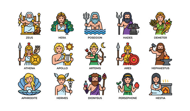 Greek gods with key symbols and attributes in illustrated grid
