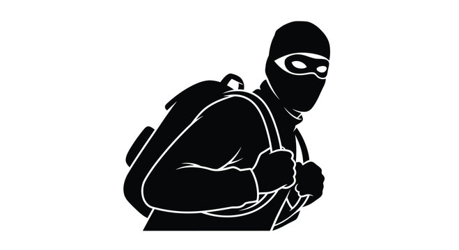 Silhouette of a masked figure with a backpack appearing stealthy