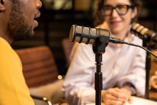 Close up of audio equipment during podcast interview