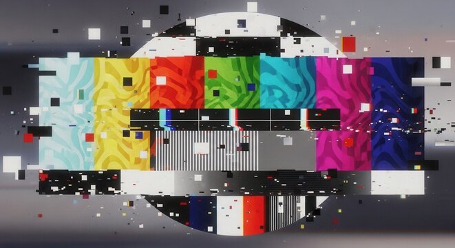 Abstract illustration of distorted tv test color bars. Glitch effect background. Conceptual image of vhs dead pixels.