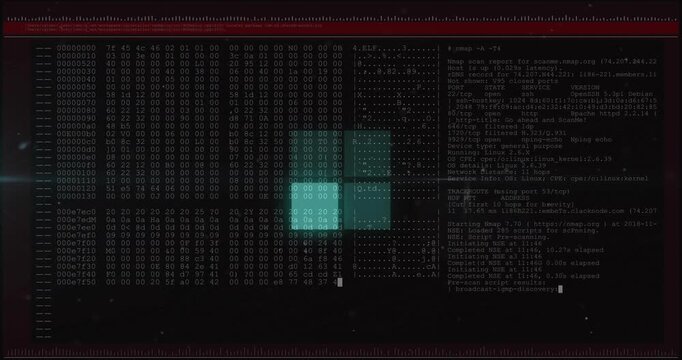 Third frame starting hex columns, teal 2x2 block brightening, terminal logs rising for tech review
