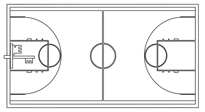 Overhead view of a basketball court with key markings and hoops