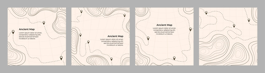 Vector illustration. Topographic map templates. Contour lines, dotted paths, and pin icons on a perspective grid background. Minimalist vintage design for social media background, web banner © VVadi4ka