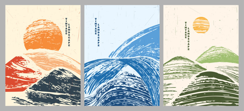 Vector illustration. Vintage landscape background set. Retro hand-drawn brush stroke style. Design elements for posters, book or magazine covers, flyers, postcards. Sunset scene, hills and seascape.