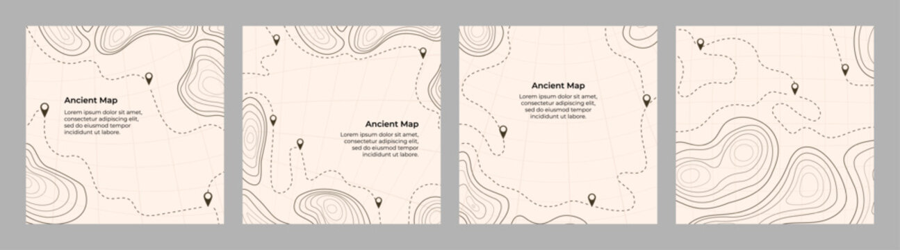 Vector illustration. Topographic map templates. Contour lines, dotted paths, and pin icons on a perspective grid background. Minimalist vintage design for social media background, web banner