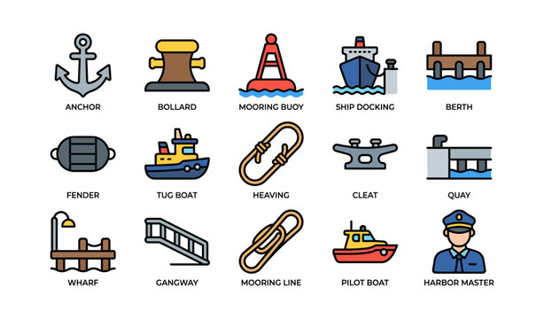 Maritime icons set featuring anchor and tug boat