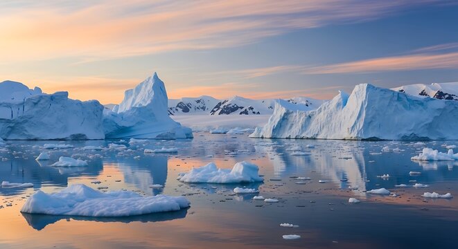 Icebergs floating in the ocean with a beautiful sunset in the background, reflecting on the water surface in antarctica