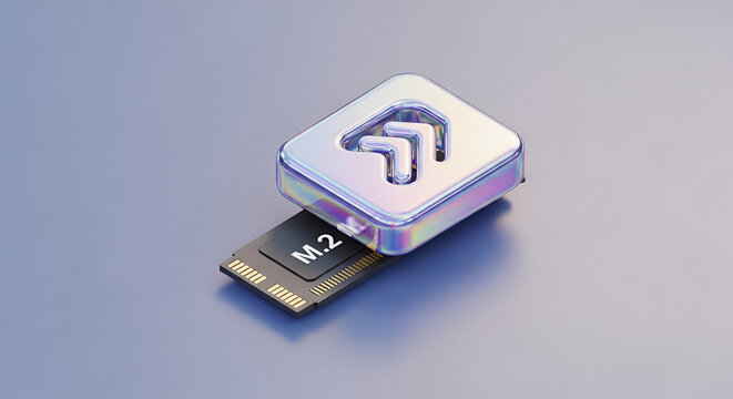 Glossy icon with upward arrows on a modern M.2 SSD storage drive, representing data speed and technology advancement, ideal for tech concepts