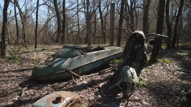 Moss Covered Scooter In Deep Woods, Sidecar Leaning On Leaf Litter, Sunlight Filtering Through Canopy, Bark And Undergrowth Encroaching Metal, Quiet Atmosphere For Urban Explorer, Nature