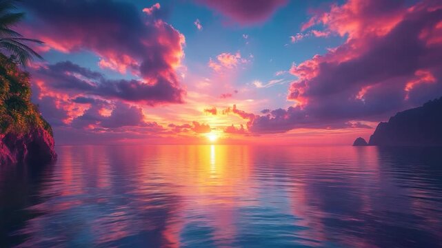 Coastal sunset Vibrant clouds reflect in calm ocean waters, framed by land