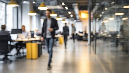 Fototapeta premium Blurred office scene with people working and walking in a modern, open-plan space