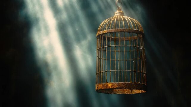 A rusty, ornate birdcage hangs in shafts of light against a deep, dark background