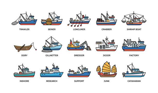 Collection of various fishing ships and boats with equipment and unique designs