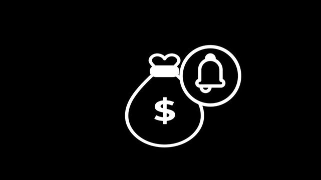 A dollar sign money bag icon with a bell notification badge representing a financial alert, funds received notification, or savings account balance update for users