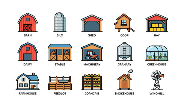 Colorful farm icons: barn, silo, greenhouse, tractor, windmill illustrations