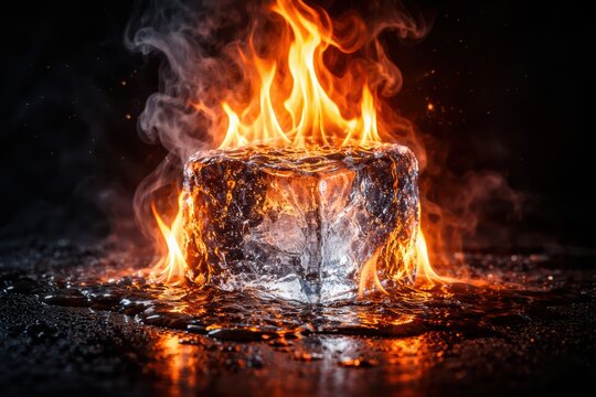 A burning ice cube surrounded by flames and smoke on a dark surface
