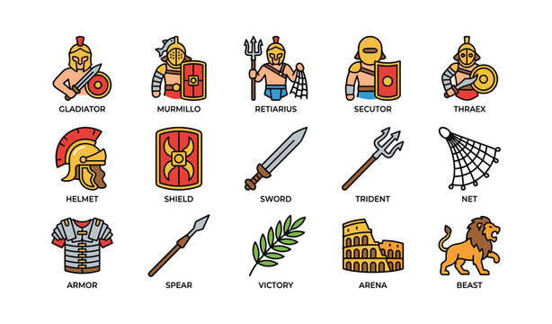 Ancient roman gladiators and weapons illustration featuring armour and coliseum