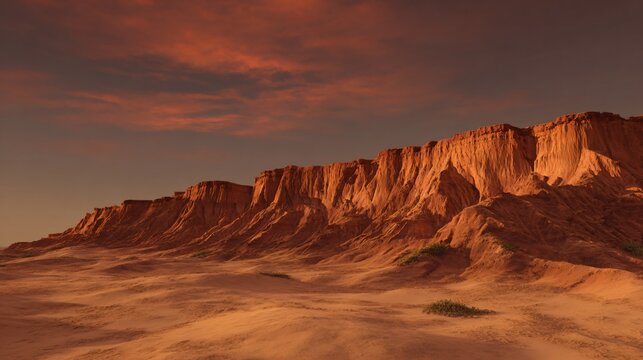 Vast desert landscape featuring a long, textured mesa under a vibrant sunset sky, with subtle vegetation and warm, earthy tones.