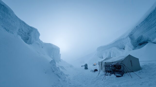 Expedition team establishes a remote arctic basecamp amid towering glaciers and ice formations, preparing for extreme winter mountaineering in a frozen, desolate wilderness