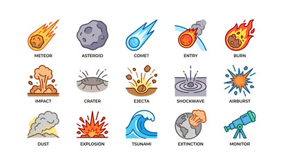 Obraz premium Meteor asteroid comet impact ejecta explosion tsunami icons set