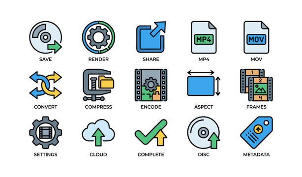 Video editing icon set: save, render, share, formats, settings