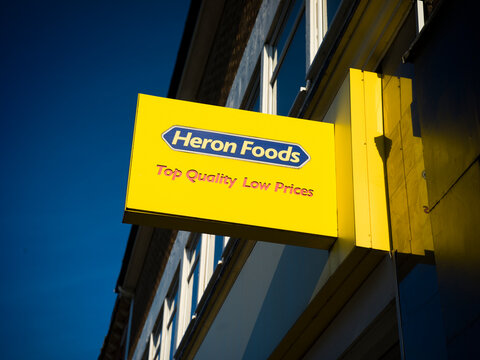 Skegness, Lincolnshire, United Kingdon, 18th March 2026, Heron Foods Shop Sign