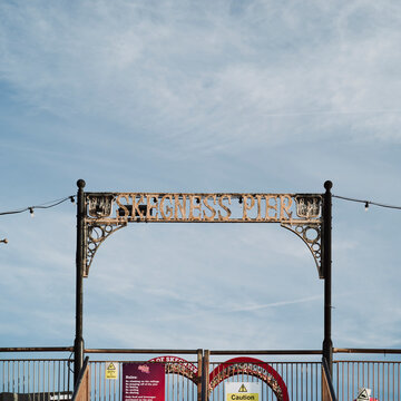 Skegness, Lincolnshire, United Kingdon, 18th March 2026, Skegness Pier signage 