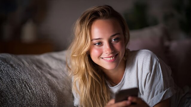 Young woman smiling while texting on couch in cozy evening light