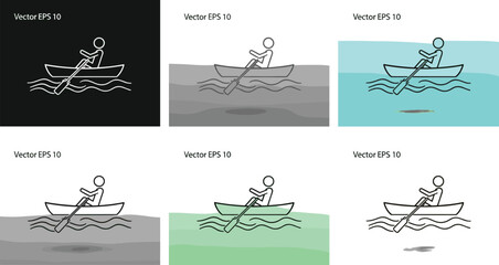 Rowing boat line icon set with person paddling on water minimal outline vector illustration collection in different background styles © AntarChandra