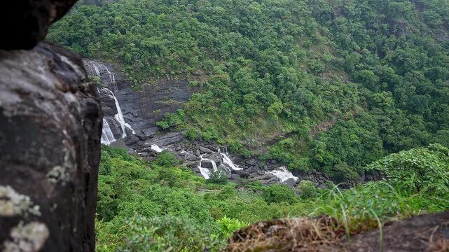 Epic view of lush forested mountains and Mallalli Waterfalls in Karnataka&rsquo;s Western Ghats