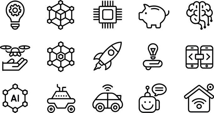 Artificial intelligence and technology line icons set with robotics smart devices innovation automation network and futuristic digital concepts